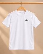 Airavon White sports T-shirt on a wooden hanger