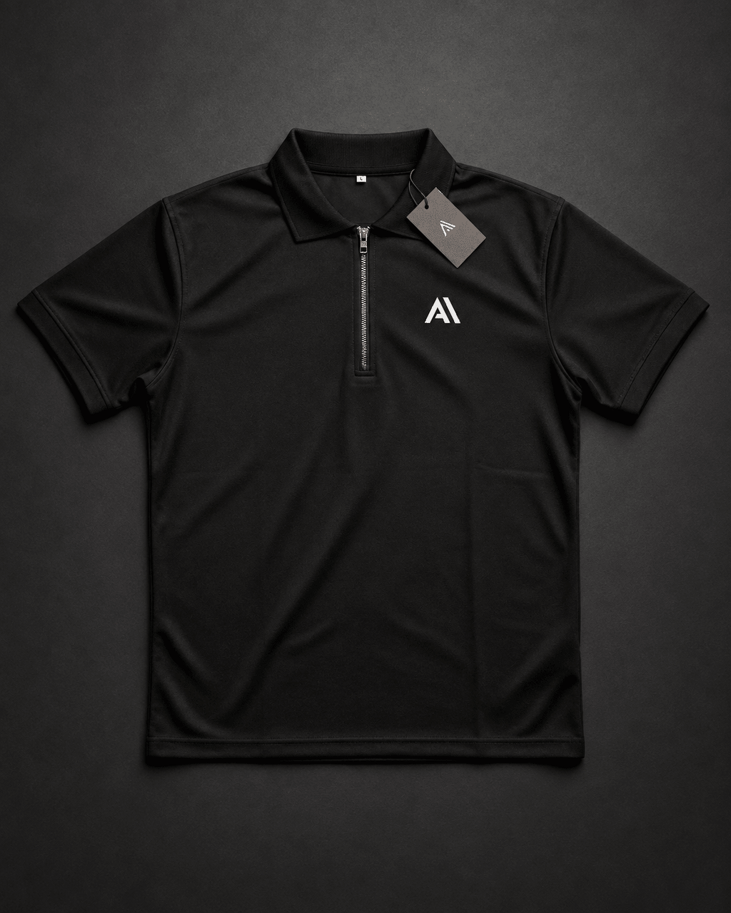Airavon Black performance polo shirt laid flat with tags