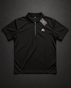 Airavon Black performance polo shirt laid flat with tags