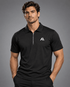 Airavon Model wearing a black performance polo shirt