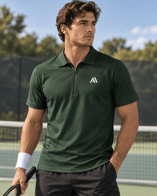 Airavon Model wearing a forest green performance polo shirt outdoors