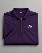 Airavon Folded purple polo shirt showing zip collar and chest logo