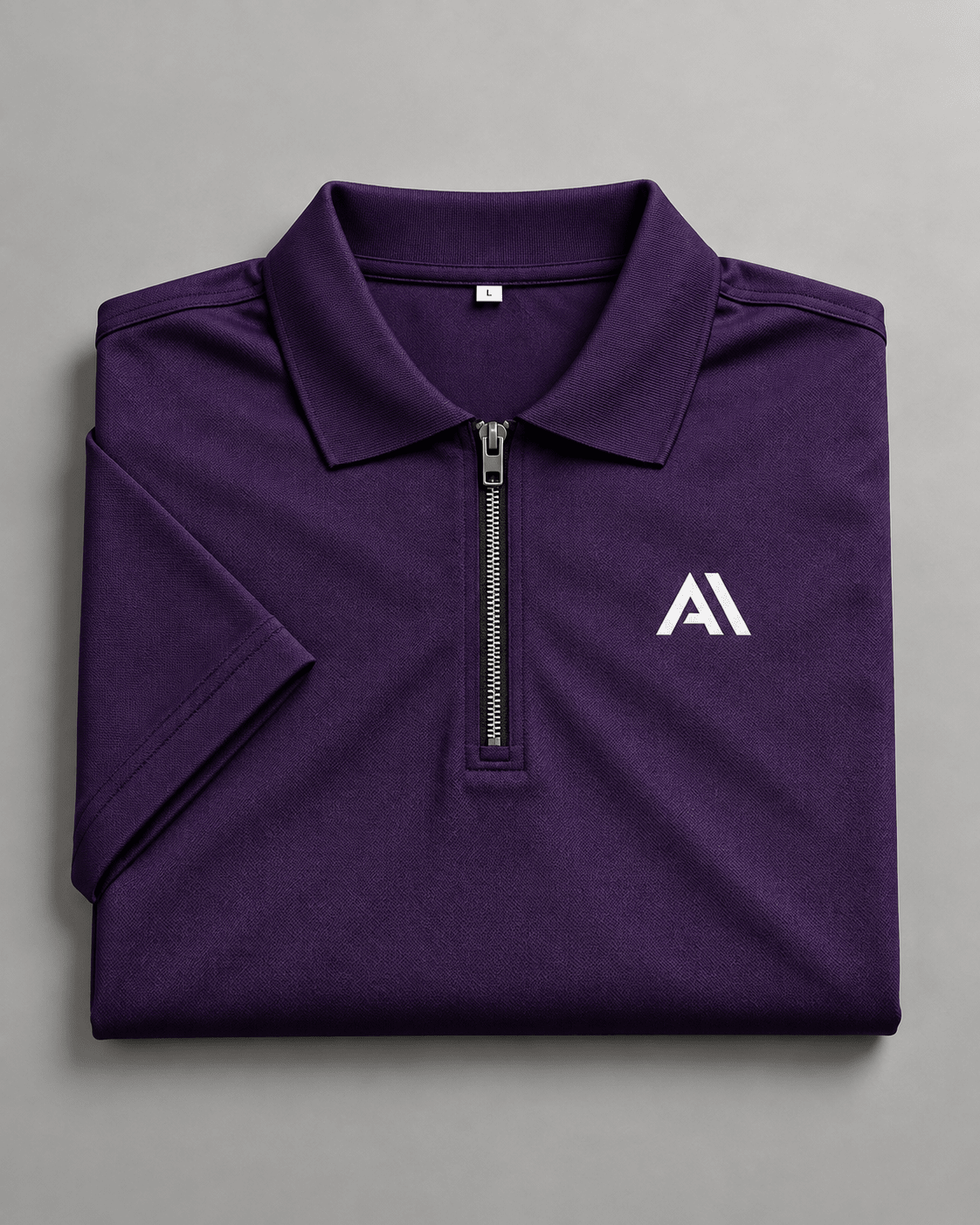 Airavon Folded purple polo shirt showing zip collar and chest logo