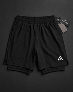 Airavon Black performance shorts laid flat with tags