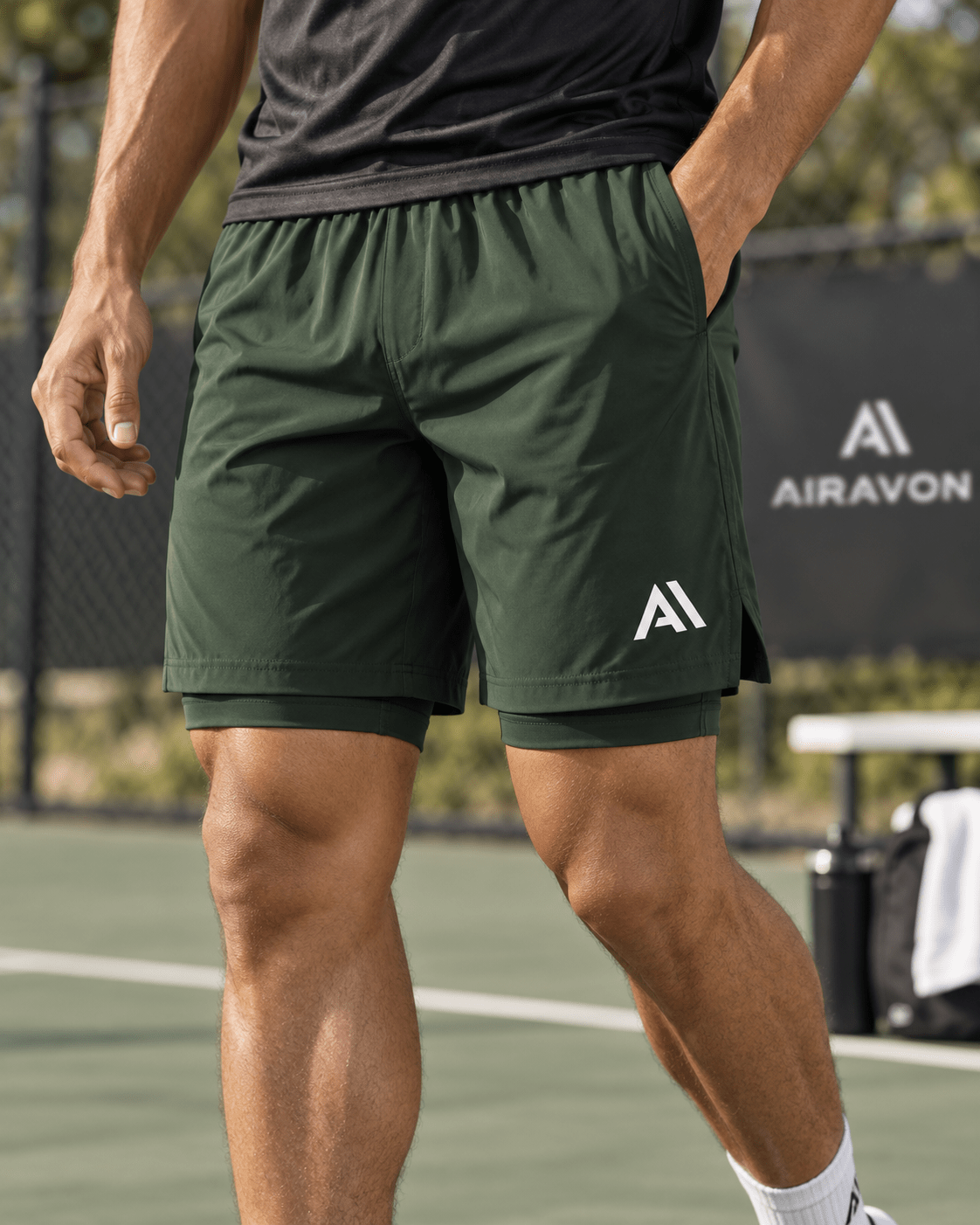 Airavon Model wearing olive green gym shorts outdoors