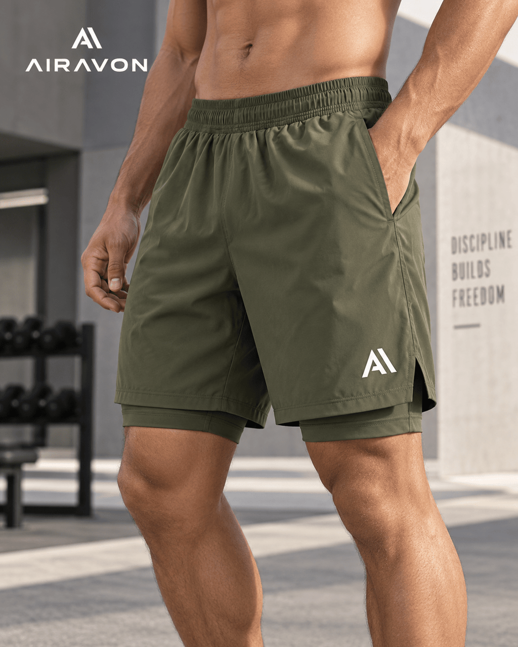 Airavon Model wearing olive green performance shorts