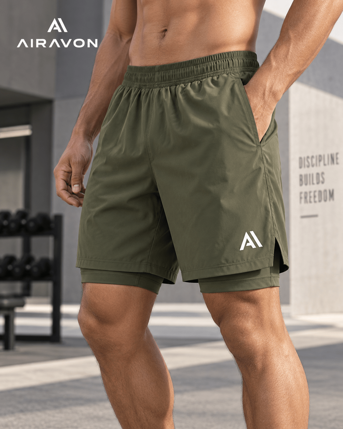 Airavon Model wearing olive green performance shorts
