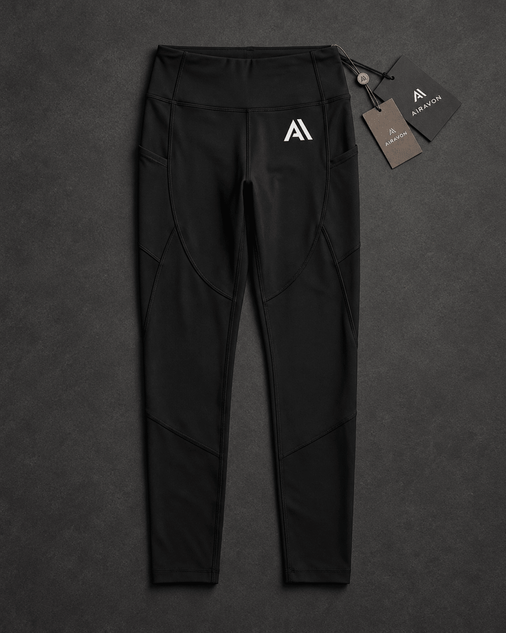 Airavon Black leggings laid flat with tags