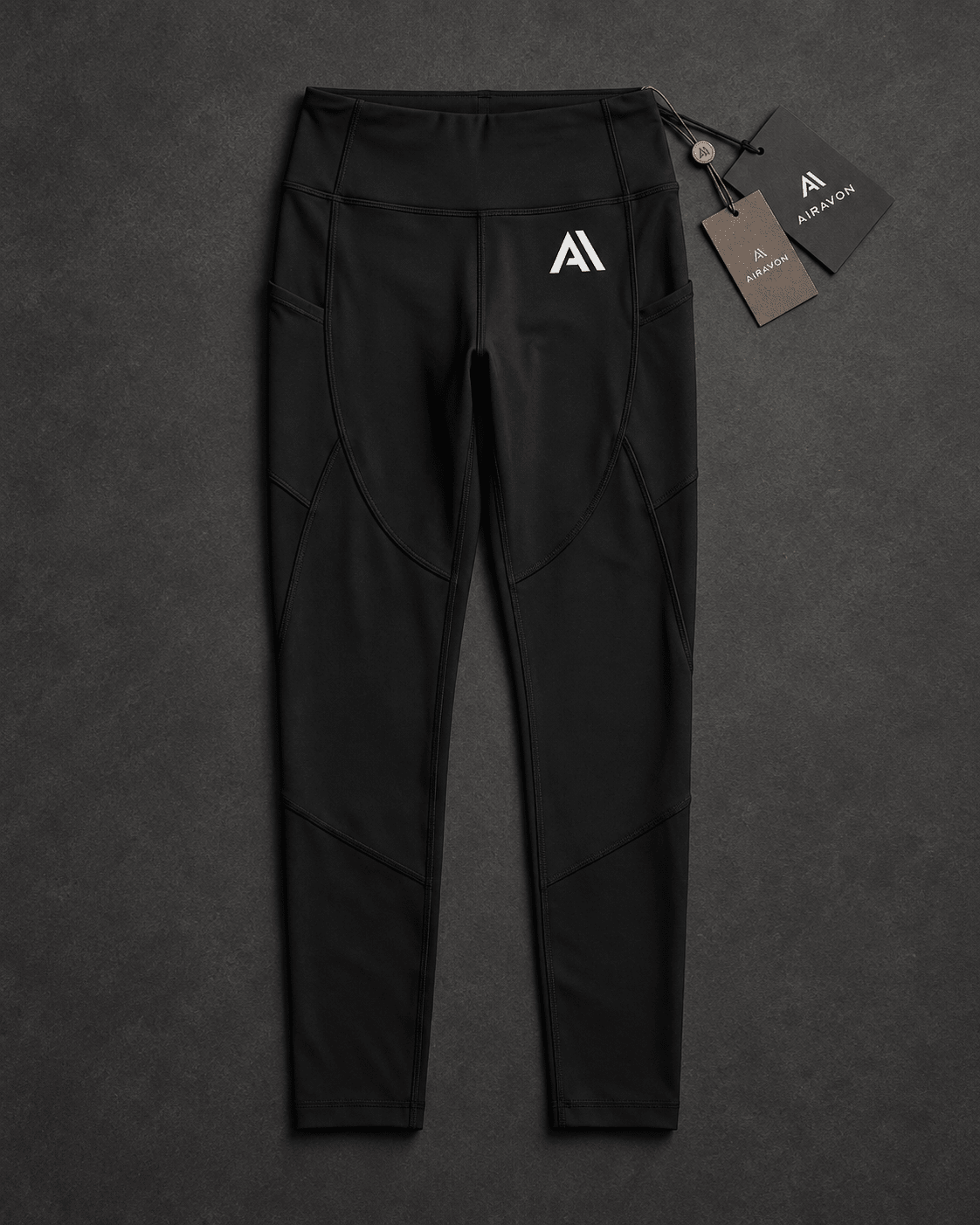 Airavon Black leggings laid flat with tags