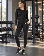 Airavon Model wearing black gym leggings in a gym