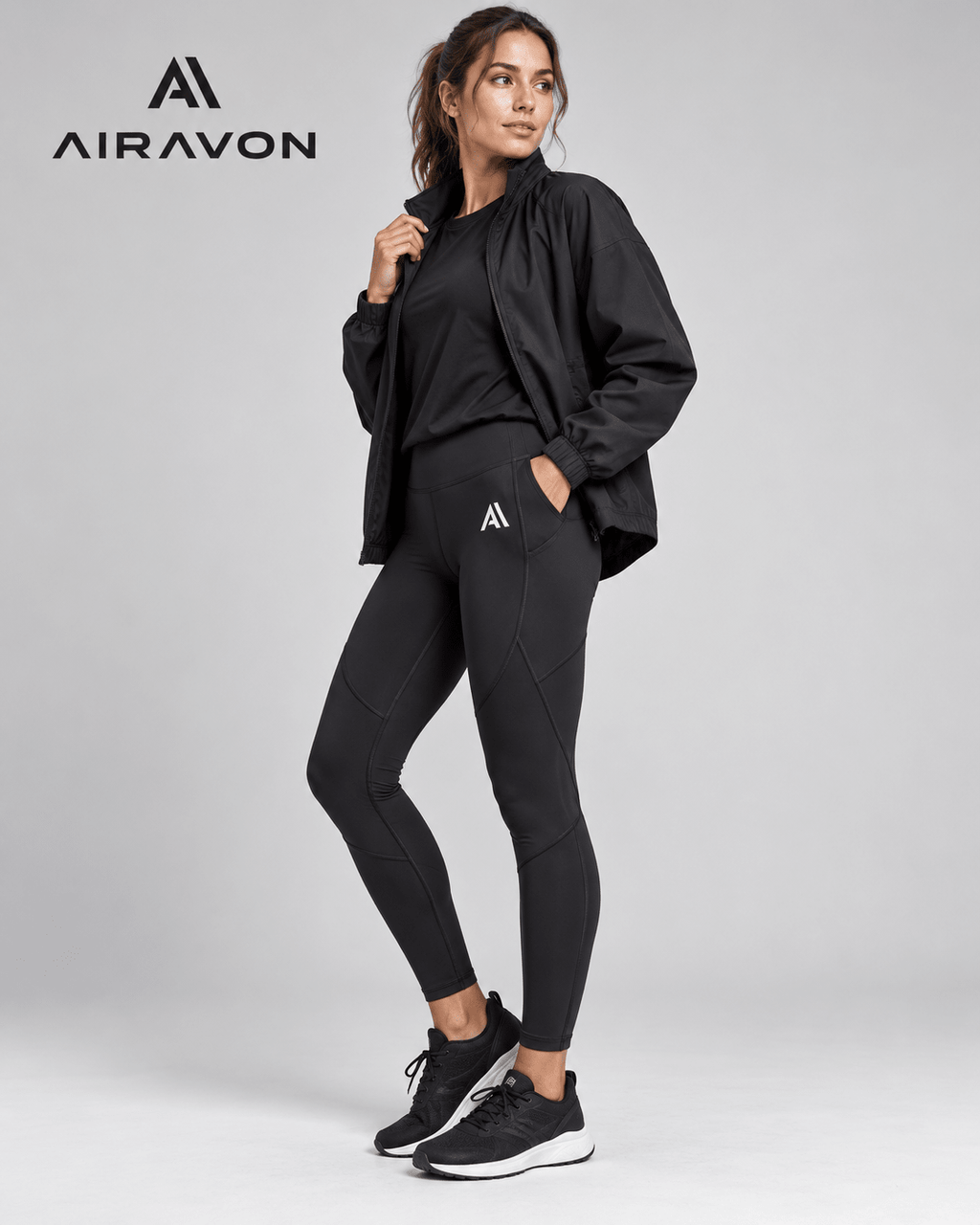 Airavon Model wearing black leggings with a black jacket