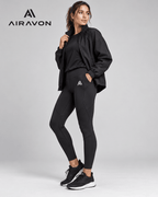 Airavon Model wearing black leggings with a black jacket