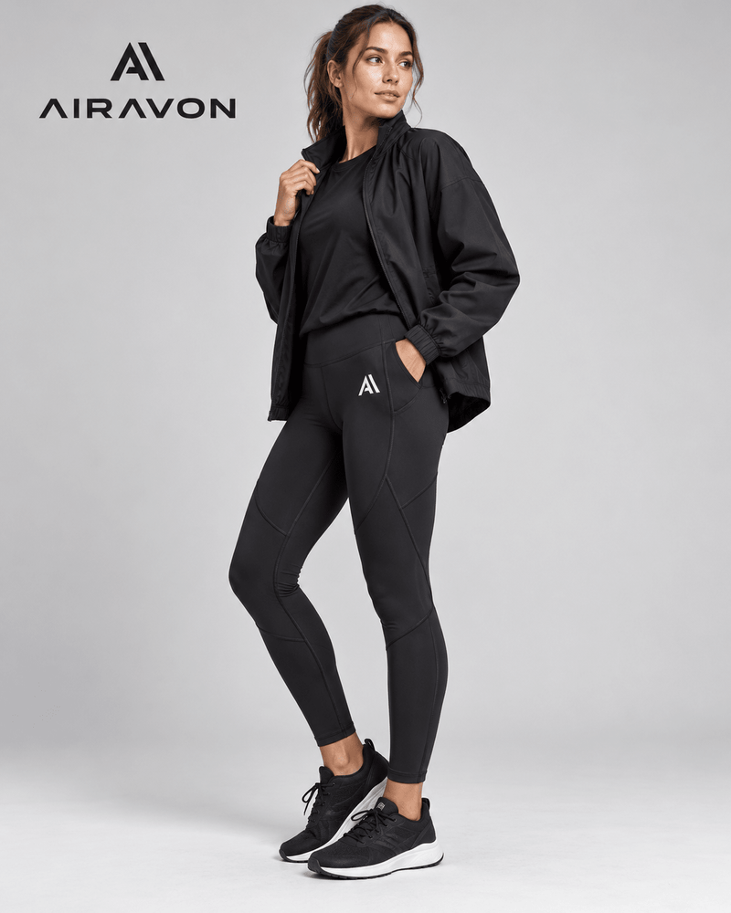 Airavon Model wearing black leggings with a black jacket