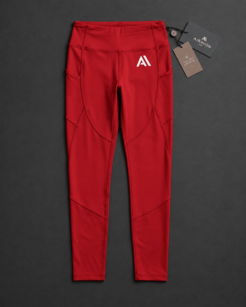 Airavon Red leggings laid flat with tags