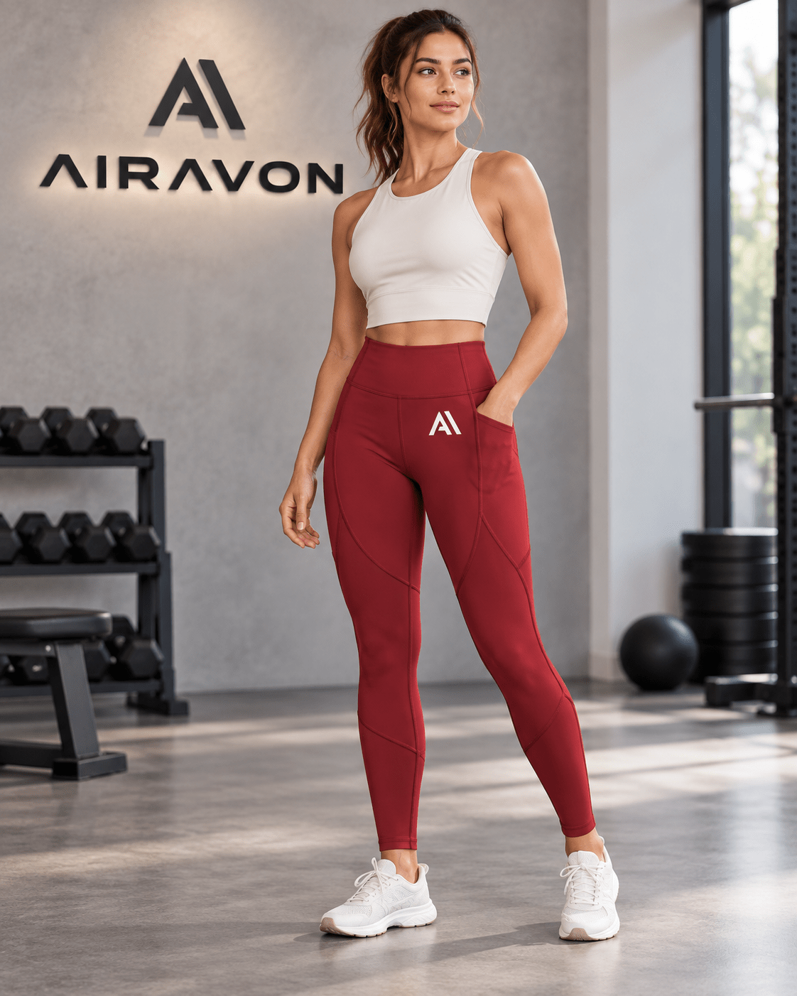 Airavon Model wearing red gym leggings with a white top
