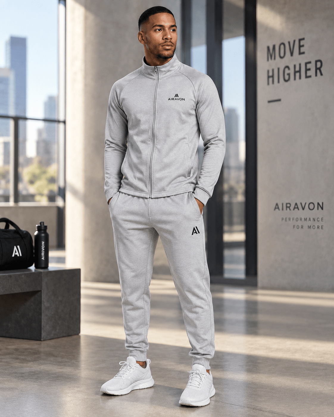 Airavon Model wearing a light grey tracksuit in a gym