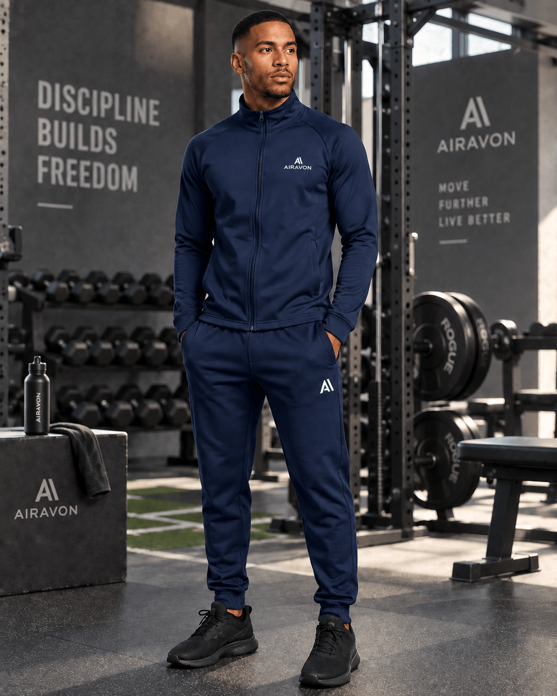 Airavon Model wearing a navy tracksuit in a gym