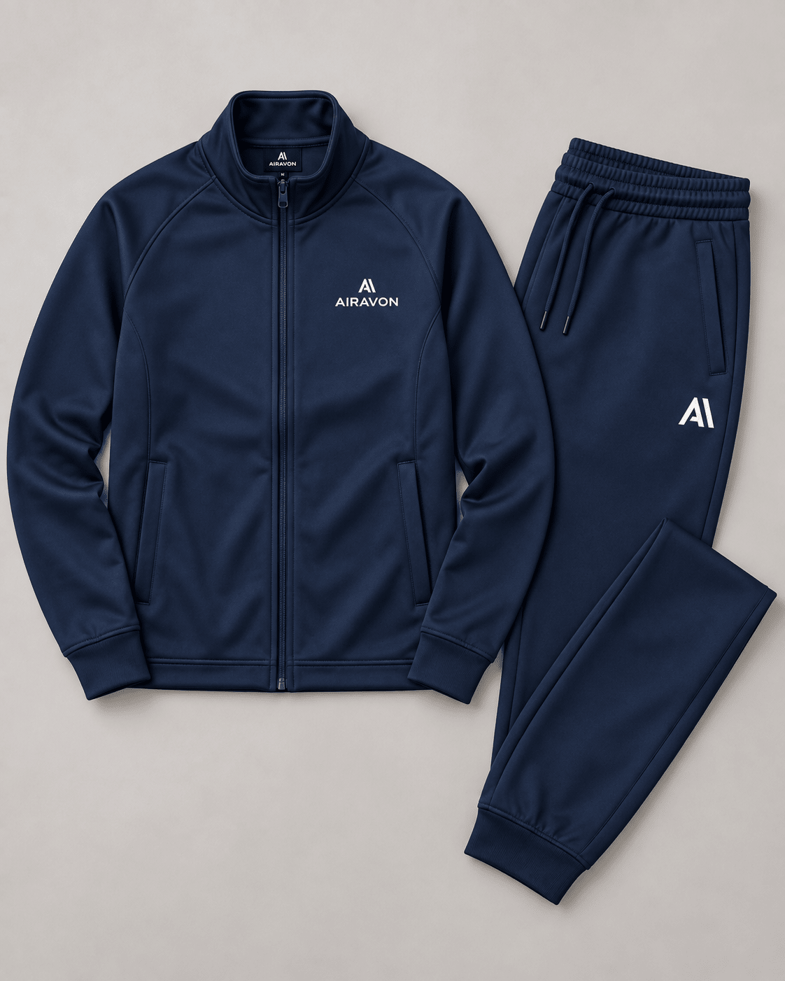 Airavon Navy tracksuit jacket and trousers laid flat