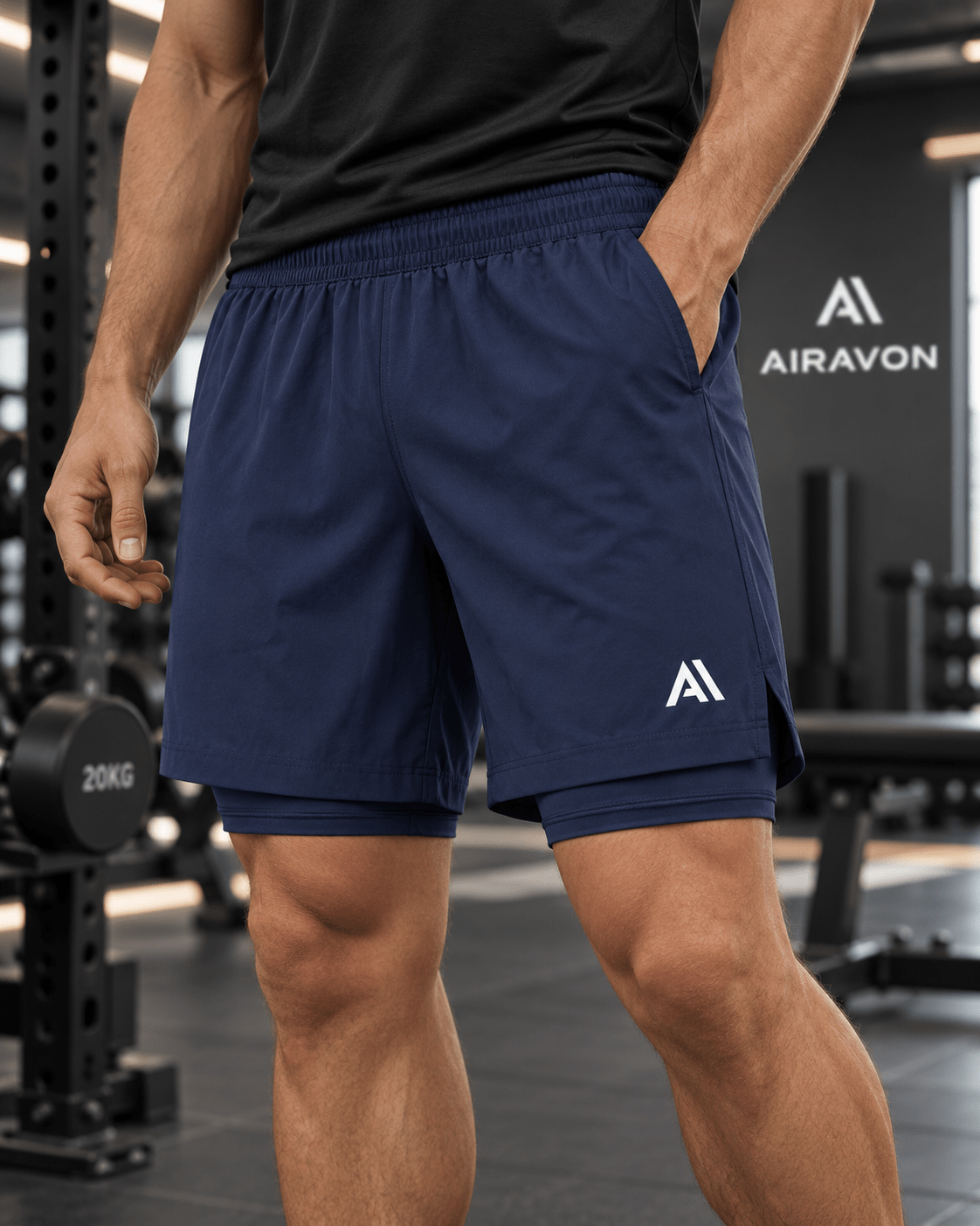 Airavon Model wearing navy gym shorts in a gym
