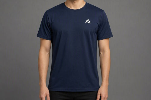 Airavon Model wearing a navy sports T-shirt