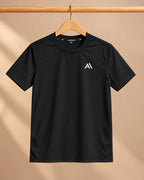 Airavon Black sports T-shirt on a wooden hanger