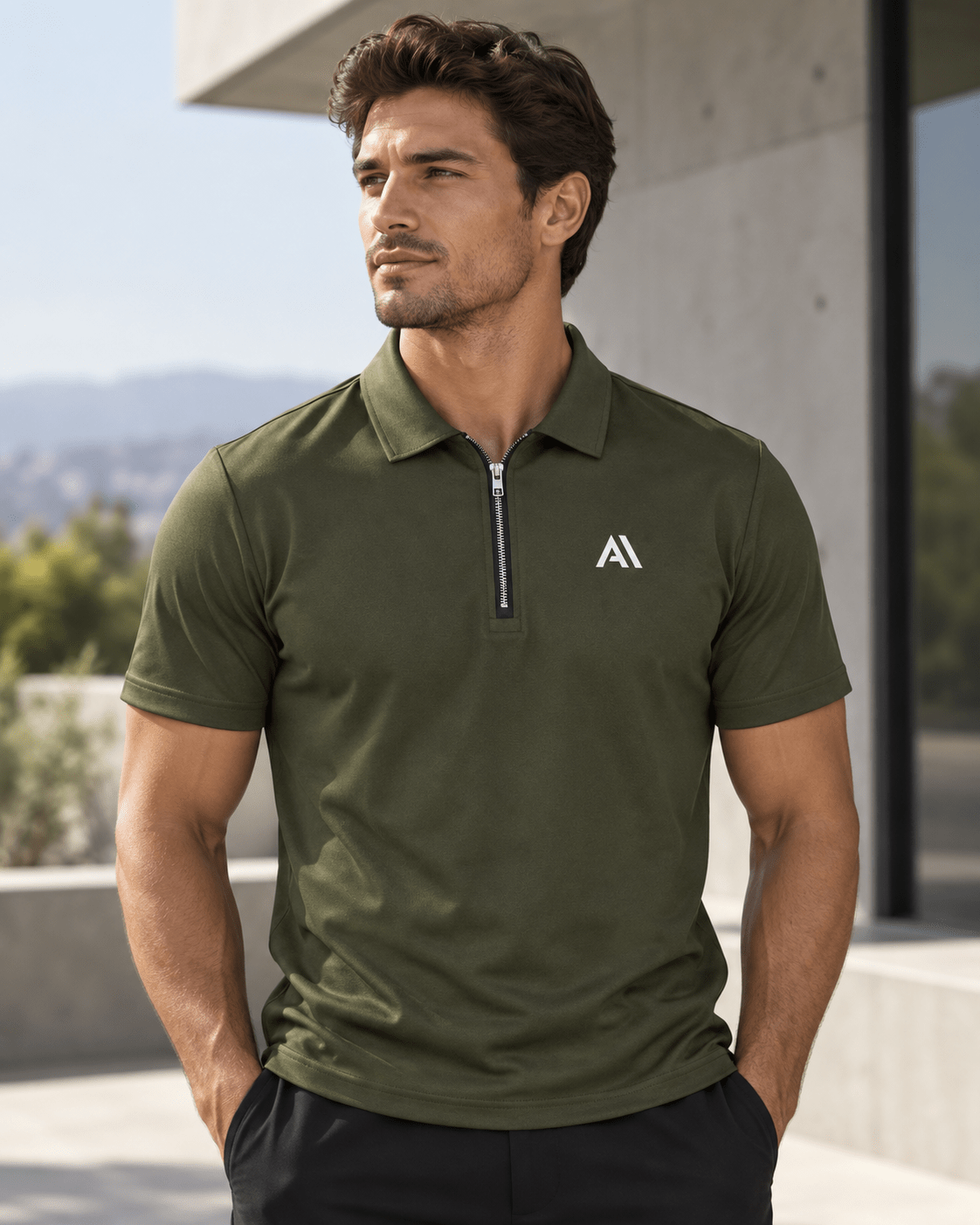 Airavon Model wearing an olive green performance polo shirt outdoors